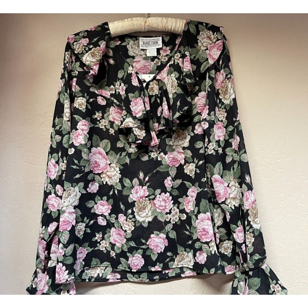 New Daniel Caron Blouse Womens Floral Ruffle Top Shirt Medium Pink Black Boho
